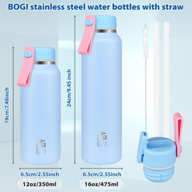 BOGI 475ml Metal Water Bottle with Straw, 2 Lids（Loop&Straw） Stainless Steel Water Bottle for Sport Gym LeakProof Double Wall Vacuum Drinks Bottle Keep 12h Hot & 24h Cold | 2Pack-Blue+Pink