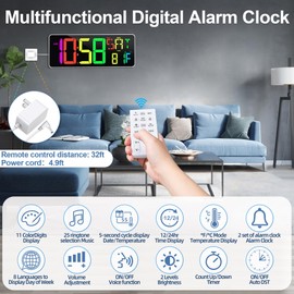 Large Digital Wall Clock Timer 13.5" Large Display Available In 11 Color Modes LED Wall Clock with Temperature Day of the Week Clock Auto-Dimming for Home Gym Office 2 Groups Alarm 25 Music Ringtones