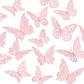 Decoración de pared de mariposa rosa 3D, 3 tamaños, 4 estilos, decoraciones de fiesta de mariposa, decoraciones de pasteles, calcomanías extraíbles, decoración de pared, mural de habitación metálico