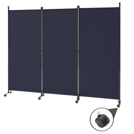 Spurgehom 3 Panel Rolling Room Divider, Folding Partition Privacy Screens, Freestanding Fabric Room Panel, Portable Folding Wall Divider for Office, Room,Restaurant, Hospital (Blue)