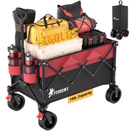 PTEROMY 150L Collapsible Wagon Cart Foldable, 360lbs Load Bearing Folding Utility Garden Cart with Large Wheels, Outdoor Beach Cart Foldable Wagon for Shopping, Camping, Garden, Grocery (Black+Red)