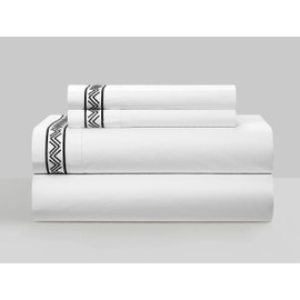 Chic Home Arden 4 Piece Organic Cotton Sheet Set Solid White with Dual Stripe Embroidery Zig-Zag Details – Includes 1 Flat, 1 Fitted Sheet, and 2 Pillowcases, Queen, Black