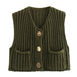 KEOMUD Women's Sleeveless Cropped Knit Cardigan Vest 2025 Casual Button Down Chunky Sweater Vest Tops with Pockets ArmyGreen Medium