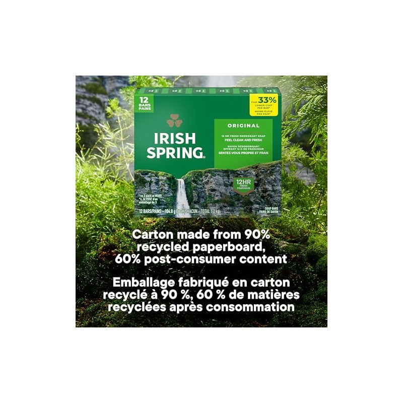 Irish Spring Bath Bar Soap, Original, 3.75 oz. Bars, 12-Count
