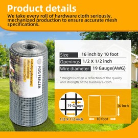 AggFencer 16inch x 10ft Hardware Cloth 1/2 inch Chicken Wire Fencing 19Ga, Hot Dipped Galvanized After Welding Garden Plant Supports Welded Metal Chicken Wire Fence, Poultry Animal Netting Cage Screen