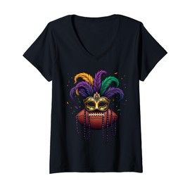 Womens Football Mardi Gras Mask Beads V-Neck T-Shirt
