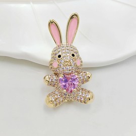 CYPINA Adorable Pink Enamel CZ Bunny Rabbit Brooch Pin with Love Heart Belly