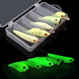 Glow Fishing Lures Kit, 5pcs Luminous Artificial Lure VIB Minnow Crank Popper Pencil Night Fishing Baits with Treble Hooks for Bass Saltwater Freshwater