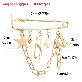 Pentagram Pearl M Small Hand Safety Pin Charm Lapel Pin for Women Men Metal Alphabet Letter M Star Drop Brooch Vintage Heart Safety Pin Collar Brooch Gold Tassels Hanging Chain Brooch Pin Sweater Shawl Clips Dress Skirt Badge Coat Tie Pins
