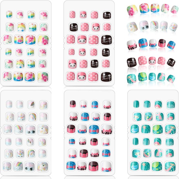 120 Pieces Girls Print Nails Fake Nails Artificial Nail Tips for Children Full Cover Short False Nails for Girls Children Nail Art Decoration (Little Girl)