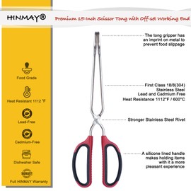 HINMAY Stainless Steel Scissor Tongs 15-Inch Heavy Duty Grilling Tongs, Set of 2