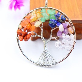Tree of Life Pendant Necklace, Gemstone Chakra Pendant, Copper Chakra Gemstone Necklace, Tree of Life Necklace, 7 Stone Chakra Reiki Energy Therapy Healing Fashion Jewellery, for Men and Women