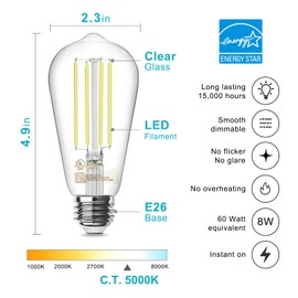 TJOY 4 Pack Vintage Edison LED Light Bulbs, Dimmable, 60W Equivalent, E26 Medium Base, 5000K Daylight, ST58, 8W, 800LM, Ultra-Bright, 80+CRI, Antique Decorative Filament, Clear Glass