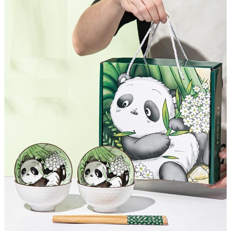 EatingBiting 4pcs Bowls & 4 Pairs of Chopsticks Panda Porcelain