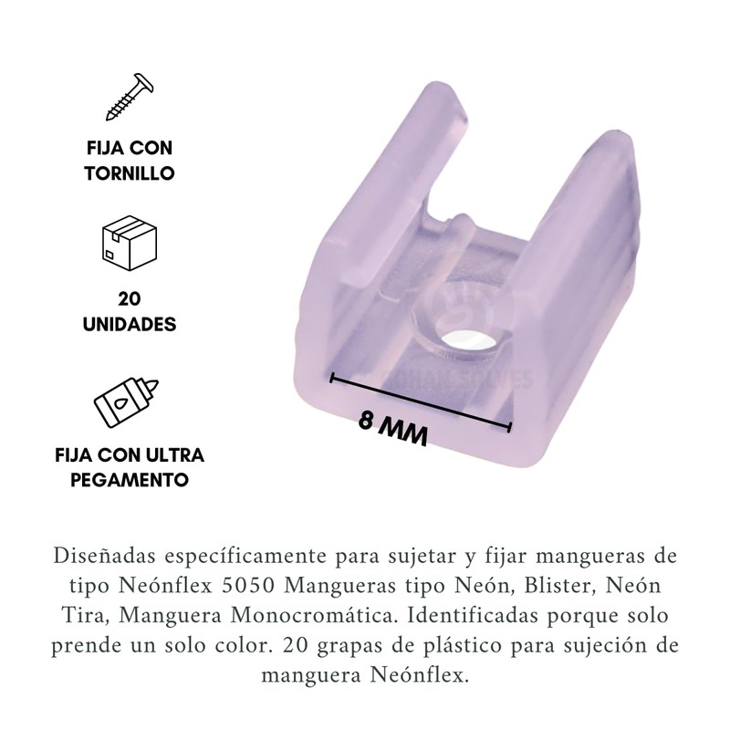 Paquete de 20 Grapas Abrazaderas para Manguera Neónflex 5050 Blister.