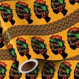 RUSPEPA Kwanzaa Wrapping Paper Roll, Mini Roll, Orange Background with African American Woman Silhouette and Happy Kwanzaa Text, Red Green Black Gift Wrap Paper for Holiday, 17 Inches x 16.4 Feet