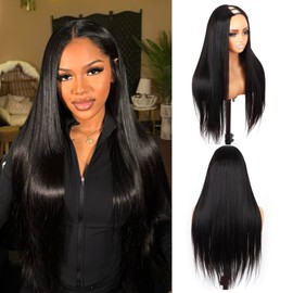 V Part Wig Human Hair 12A Straight Wig Human Hair Glueless U Part Wig with Clip 180% Density Half Wigs for Women Beginner Friendly No Sew In No Glue(Staight 1B, 28inch)