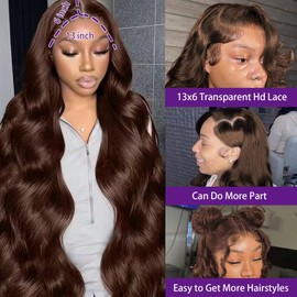 KXBKXB 24 Inch Chocolate Brown Lace Front Wig Human Hair 220 Density 13x6 Hd Body Wave Lace Front Wigs Human Hair Pre Plucked Colored Frontal Wigs Human Hair Brown Wigs Human Hair Wigs for Women