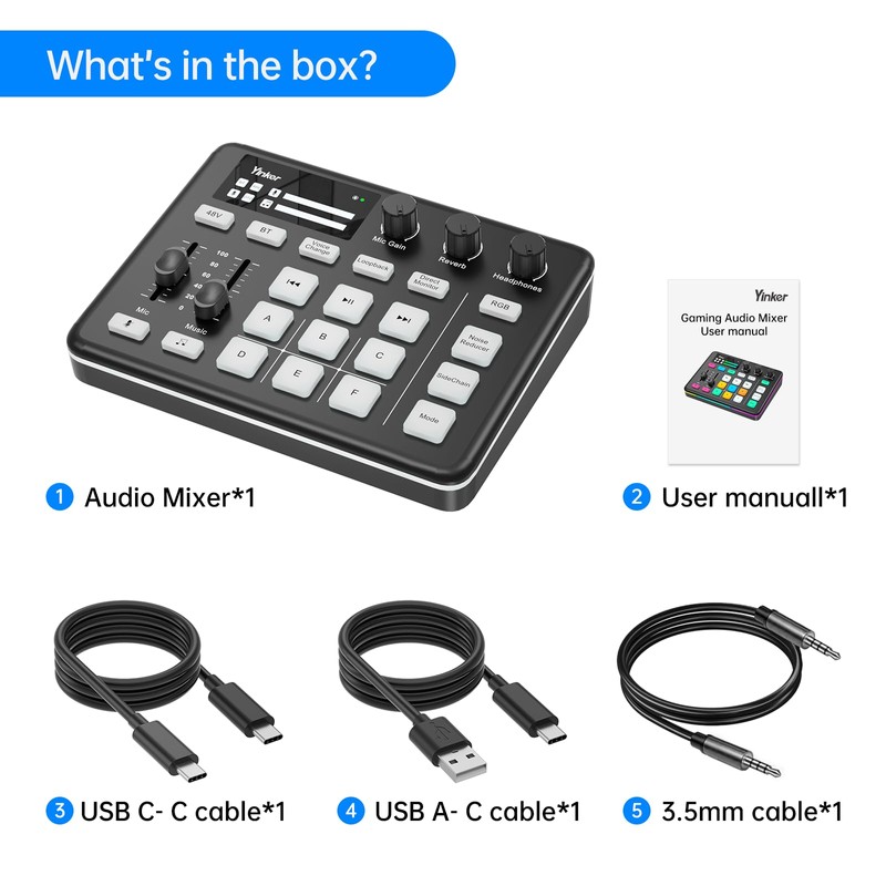 Yinker Gaming Audio Mixer, RGB Audio Interface with 48V Phantom