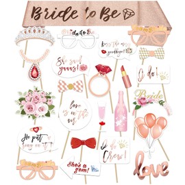 Bridal Shower Photo Booth Props,23Count Funny Selfie Bachelorette Photo Booth Kit+Rose Gold Glitter Bride to Be Sash for Bridal Shower Hen Party Girls Night Out Engagement Wedding Party Supplies