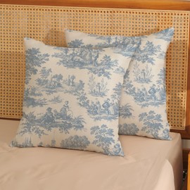 French Country Pillow Covers 18x18 Set of 2 Vintage Baby Blue Toile Throw Pillows Outdoor French Country Decorative Pillowcase Rustic Cottage Farmhouse Cushion Case for Couch Living Room Decor