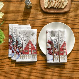 Horaldaily Christmas Cloth Napkins 18 x 18 Inch, Winter Snowman House Christmas Trees White Party Dinner Decoration Washable Napkins Set of 6