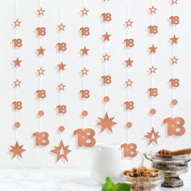 Rose Gold 18th Birthday Decorations for Girls - 8 PCS Number 18 Circle Dot 3D Star Metallic Party Hanging Streamers Happy 18 Year Old Birthday Anniversary Party Supplies Banner Bunting Backdrop