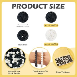 360 Pcs Natural Lava Beads 8mm White Black Lava Rock Stone Beads Volcanic Rock Round Beads for DIY Essential Oil Bracelet Jewelry Making Craft Supplies