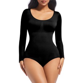 ONEW Women's Body Tummy Control Shapewear Bodysuit Scoop Neck Long Sleeve Body Crew Neck Undershirt Butt Lifting Bodice Body Shaper, black