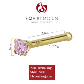 Forbidden Body Jewelry 20g Solid 14Kt Gold Simulated Diamond Pink CZ Crystal Nose Ring Stud