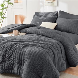 HYMOKEGE California King Comforter Set Seersucker 7 Pieces, All Season Luxury Bed in a Bag for Bedroom, Bedding Set with Comforters, Sheets, Pillowcases & Shams, Dark Grey
