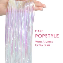 WENNAILIFE Hair Tinsel, Brightwhite 48 Inch 1200 Strands Fairy Hair Tinsel Glitter Hair Extensions Heat Resistant Hair Tinsel Festival Accessories for Girls Coloured Hair Extensions Party Cosplay