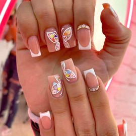 Medium Press On Nails, Acrylic Nails Press on, Medium Length Nail Press Ons Fake Nails White French Tip False Nails with Butterfly Press ons Designs Artificial Nails Stick on Nails for Women 24Pcs