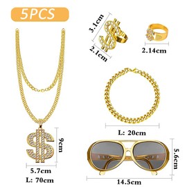 5 Pieces Necklace Dollar Ring Gold Chain Bracelet 80s 90s Rapper Accessories for Men Costume Set Carnival Accessories for Men Fancy Dress Set Party Photo Props