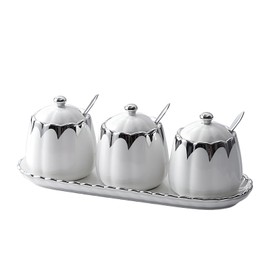 MilkyWay Set of 3 Ceramic Condiment Pots Sugar Bowl,Porcelain Sugar Holder with 1Tray, Lid and Spoon Salt Container Modern Seasoning Jars for Counter Home and Kitchen (White silver)
