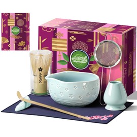 AANQQ Matcha Whisk Set: 7-PCS Matcha Set Whisk & Bowl Kit - 19OZ/560ml Ceramic Matcha Bowl with Spout - Matcha Starter Making Kit Ceremony Gift for Japanese Tea Lovers/Kitchen/Office (Blue)