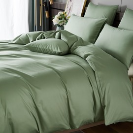 YASMENG Bed Linen 155 x 220 cm Mako Satin Green 100% Cotton Satin Bed Linen Shiny Duvet Cover Set Soft Silky Breathable Satin Bed Linen 3-Piece with Zip and 2 Pillowcases 80 x 80 cm