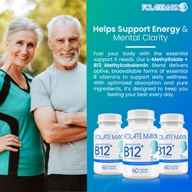 FolateMaxx L Methylfolate 15mg Plus B12 Methyl - 60 Capsules - 5-MTHF with B12 Methylcobalamin Supplement for Mood, Methylation and Cognition - Bioactive Forms of Vitamin B9 & B12-2 Month Supply