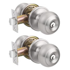 2 Pack Probrico Door Locks Keyed Alike Satin Nickel Door Knobs with Lock and Keys,Door Lock with Handle Flat Ball Round Door Lock for Front Entry Entrance Doors