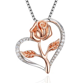 Klurent Rose Necklace for Women, Christmas Necklace with Gift Box, Rose Gold Flower Silver Heart Pendant Unique Necklaces Gift for Wife, Mom, Girlfriend on Christmas, Birthday, Anniversary