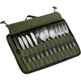 Cutlery Storage Bag,Portable Polyester Roll Up Pouch Bag For Forks, Spoons, Chopstick,Water Resistant Storage Kitchen Cooking Utensil Set Travel Organizer, Army Green
