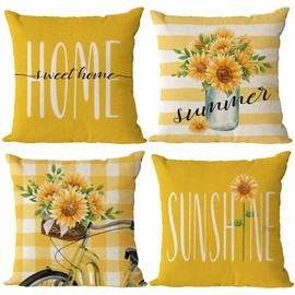 Set of 4 Sunflower Pillow Covers 24x24 Spring Summer Pillow Covers Yellow Floral Throw Pillow Covers Cushion Covers Square Pillow Cases for Couch Sofa Patio Outdoor Home Decorations(24 Inch)