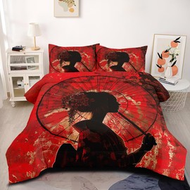 CCoutueChen Japanese Bedding Black Red Comforter Set King Vintage Japanese Maiko Girl Silhouette Quilt Set for Women Girls Teens 3Pcs Soft Lightweight Decorative Down Comforter with 2 Pillowcases