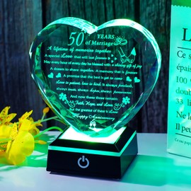 50th Wedding Anniversary Crystal Gifts for Couples Parents with Colorful LED Base Heart Romantic Happy 50th Anniversary Plaque Gift for Husband Wife 50 Years of Marriage Gifts for Her Him