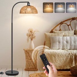 Rattan Floor Lamp- Modern Black Standing Floor Lamps with Remote Control and Stepless Dimmable Bulb, Hand-Worked Adjustable Rattan Lamp Shades Bohemian Floor Lamps for Living Room, Bedroom, Office