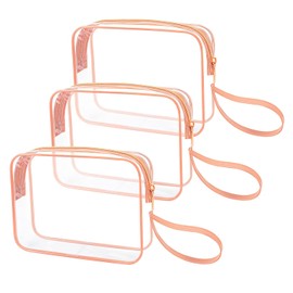 CGBE Neceser de Viaje Transparente TSA, Bolsa de Maquillaje PVC Impermeable con Asa, Costuras Reforzadas, 20x15.4x7.1cm para Equipaje de Mano, Unisex para Cosméticos y Aseo Oro rosa