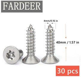 FarDeer Stainless Steel Flat Head Self-Tapping Screws M4/M5 Security Sheet Metal Screws Torx Sheet Metal Screws Security Silver Screws Anti-Theft Tamper Proof. (M4*40mm * 30pcs)