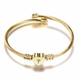 KENYG Elegant Gold Love Heart 26 Initial Letter Alphabet A-Z Cuff Bracelet Open Bangle Adjustable Jewellery Gift For Mum Daughter Sisters Friends Lover Birthday Christmas (P)