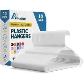 Lifemaster Plastic Clothes Hangers – Heavy Duty Hanger Set, for Organizing Clothes, Dresses, and Coat, Holds Up to 5 lbs, Space-Saving Hangers with Non-Slip Shoulder Grooves, Pack of 10, White