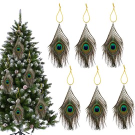 Hanging Peacock Feather Ornaments for Christmas Tree Decoration Wedding Birthday Party Decor (Natural 6pcs)